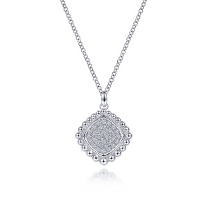 Gabriel & Co. NK6533SVJWS sterling silver Bujukan necklace, front view of the pave field, polished frame and rim of metal beads