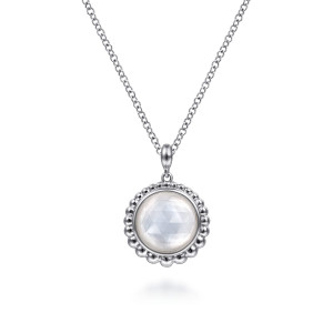 Gabriel & Co. NK6541SVJXM sterling silver Bujukan necklace, front view of the faceted iridescent disc, its beaded ring and the barrel shaped bail