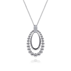 Gabriel & Co. NK6545SVJWS sterling silver Bujukan necklace, front view of the open oval inside its ring of graduated metal beads
