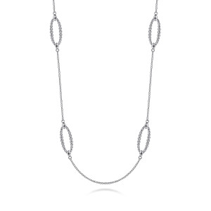 Gabriel & Co. NK6546SVJJJ sterling silver Bujukan necklace, front view of the open beaded frames with smooth oval end beads on the fine chain