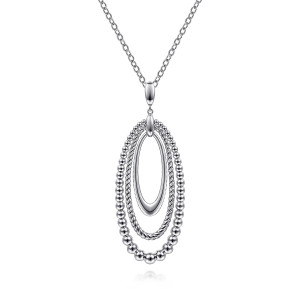 Gabriel & Co. NK6549SVJJJ sterling silver Bujukan necklace, front view of the three nested ovals with the elongated bail and oval link chain above