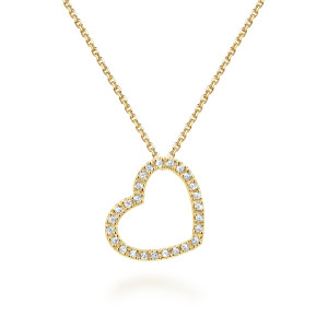 Gabriel & Co. NK654Y44JJ 14 karat yellow gold Lusso necklace, front view of the tilted open heart, its prong set rim and the cable chain through its top