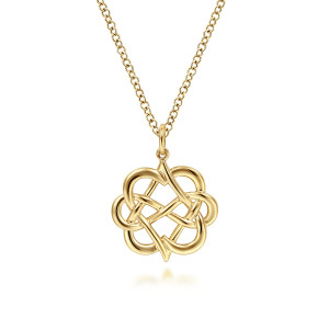 Gabriel & Co. NK6553Y4JJJ 14 karat yellow gold Contemporary necklace, front view of the knot of interlaced loops with its small round bail on the chain