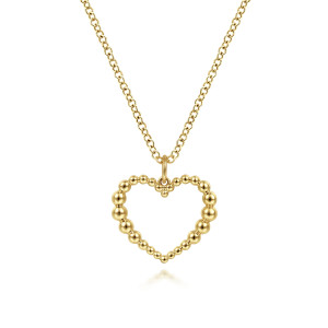 Gabriel & Co. NK6561Y4JJJ 14 karat yellow gold Bujukan necklace, front view of the open heart of graduated metal beads and its plain loop bail
