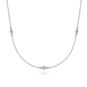 Gabriel & Co. NK6564-16SVJJJ sterling silver Bujukan necklace, front view of a bead station, a round bead between two smaller beads