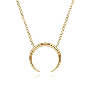 Gabriel & Co. NK6576Y4JJJ 14 karat yellow gold Contemporary necklace, front view of the solid crescent narrowing to fine tips, joined to the chain at both sides