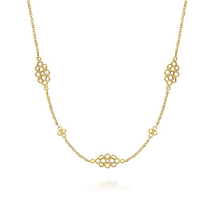 Gabriel & Co. NK6578Y4JJJ 14 karat yellow gold Victorian necklace, front view of openwork circle clusters and small ring motifs along a fine chain