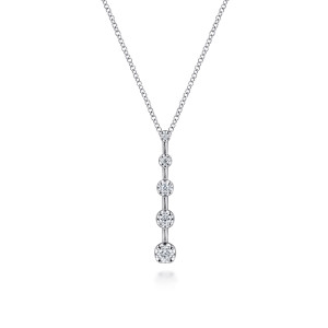 Gabriel & Co. NK6580W45JJ 14 karat white gold Lusso necklace, front view of round diamonds growing larger toward the bottom, spaced by straight bars