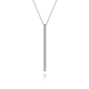 Gabriel & Co. NK6581W45JJ 14 karat white gold Lusso necklace, front view of the straight bar with its single row of round stones