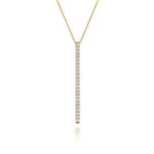 Gabriel & Co. NK6581Y45JJ 14 karat yellow gold Lusso necklace, front view of the vertical bar with its single line of round stones