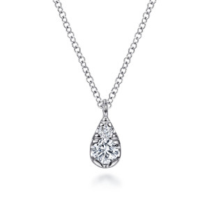 Gabriel & Co. NK6582W45JJ 14 karat white gold Lusso necklace, front view of the teardrop frame, the smaller stone above the larger one and the loop bail