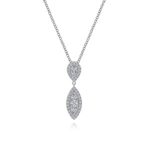 Gabriel & Co. NK6583W45JJ 14 karat white gold Lusso necklace, front view of a teardrop halo over a marquise halo with a pave outline