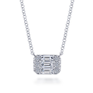 Gabriel & Co. NK6588W44JJ 14 karat white gold Lusso necklace, front view of the clipped corner cluster with baguette stones between round ones