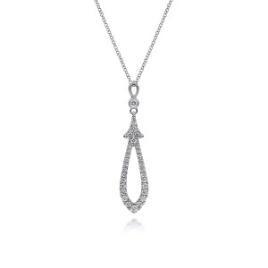 Gabriel & Co. NK6592W45JJ 14 karat white gold Lusso necklace, front view of the open teardrop with its arrow shaped pave cap and round bezel stone