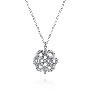 Gabriel & Co. NK6599W45JJ 14 karat white gold Lusso necklace, front view of the scalloped knot with a pointed tip at top and bottom