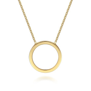 Gabriel & Co. NK6603Y4JJJ 14 karat yellow gold Contemporary necklace, front view of the flat polished circle joined to the chain at its top edge