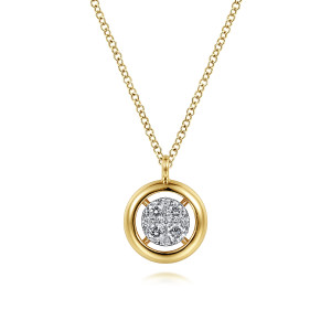 Gabriel & Co. NK6615Y45JJ 14 karat yellow gold Contemporary necklace, front view of the polished ring, the diamond cluster inside it and the loop bail