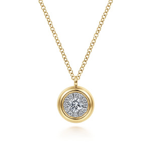 Gabriel & Co. NK6617Y45JJ 14 karat yellow gold Contemporary necklace, front view of a round diamond halo inside a rolled rim above a loop bail