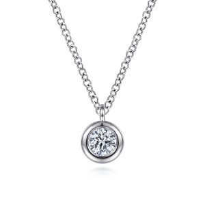 Gabriel & Co. NK6619W45JJ 14 karat white gold Lusso necklace, front view of the round diamond in its smooth bezel and the cable links above