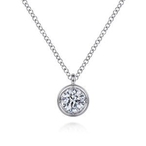 Gabriel & Co. NK6620W45JJ 14 karat white gold Lusso necklace, front view of the round faceted stone in its polished frame on a rounded bail