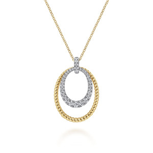 Gabriel & Co. NK6621M45JJ 14 karat white and yellow gold Hampton necklace, front view of the twisted outer oval, the diamond inner oval and the diamond set bail