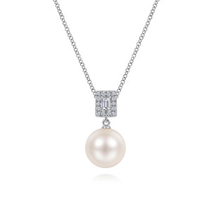 Gabriel & Co. NK6627W45PL 14 karat white gold Color necklace, front view of the pearl drop beneath the baguette and pave diamond frame