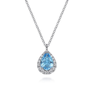 Gabriel & Co. NK6629W45BT 14 karat white gold Color necklace, front view of the pear shaped blue stone ringed by round diamonds under a plain loop