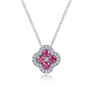 Gabriel & Co. NK6630W45RA 14 karat white gold Color necklace, front view of the four pink stones, middle diamond and scalloped diamond border