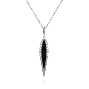 Gabriel & Co. NK6651W45OX 14 karat white gold Kaslique necklace, front view of a pointed dark panel framed by fringed stones above a pave tip