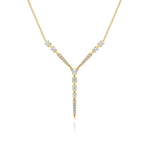 Gabriel & Co. NK6654Y45JJ 14 karat yellow gold Kaslique necklace, front view of the V shaped arms and graduated drop ending in a pointed pave spike