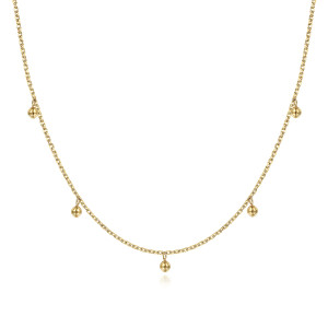 Gabriel & Co. NK6657Y4JJJ 14 karat yellow gold Bujukan necklace, front view of round polished bead drops hanging from tiny loops on a cable chain