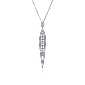 Gabriel & Co. NK6675W45JJ 14 karat white gold Victorian necklace, front view of the pointed drop, its diamond border, open wirework and kite shaped cap