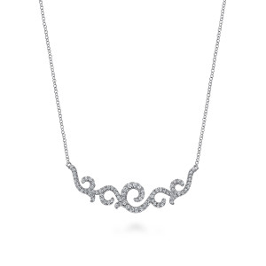 Gabriel & Co. NK6676W45JJ 14 karat white gold Victorian necklace, front view of the openwork scroll bar with its larger central spiral