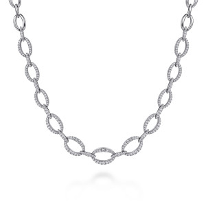 Gabriel & Co. NK6683W84JJ 18 karat white gold Lusso necklace, front view of the graduated oval links edged with round diamonds and diamond set connectors
