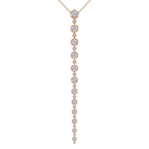 Gabriel & Co. NK6684K84JJ 18 karat rose gold Lusso necklace, front view of the drop where larger round stones alternate with tiny ones down to the tip