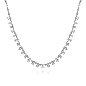Gabriel & Co. NK6686W84JJ 18 karat white gold Lusso necklace, front view of graduated stone clusters hanging from a line of small round stones