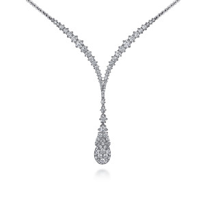Gabriel & Co. NK6688W84JJ 18 karat white gold Lusso necklace, close detail of the graduated diamond V and the teardrop cluster hanging from it