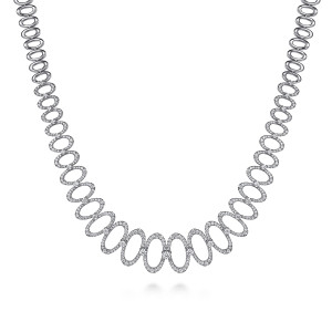 Gabriel & Co. NK6695W84JJ 18 karat white gold Lusso necklace, front view of the graduated open ovals edged with diamonds and plain polished ovals at the sides