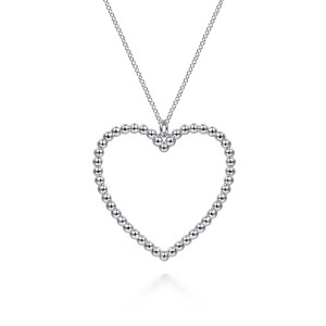 Gabriel & Co. NK6744SVJJJ sterling silver Bujukan necklace, front view of the open heart, its bead outline and the ring at the top cleft