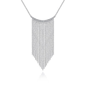 Gabriel & Co. NK6758W45JJ 14 karat white gold Kaslique necklace, front view of the curved diamond bar and the fringe of fine chains ending in a V
