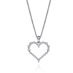 Gabriel & Co. NK6759W45JJ 14 karat white gold Lusso necklace, front view of the open heart outline of prong set round stones under a polished bail
