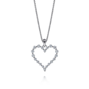 Gabriel & Co. NK6761W45JJ 14 karat white gold Lusso necklace, front view of the open heart of prong set diamonds and its polished bail