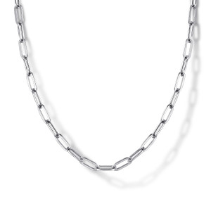Gabriel & Co. NK6768-17SVJJJ sterling silver Contemporary necklace, front view of the elongated open paperclip links with their smooth polished surface