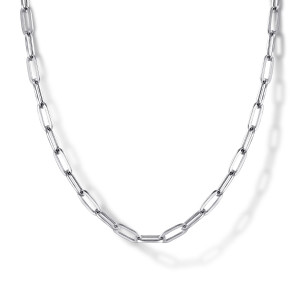 Gabriel & Co. NK6768H-17W4JJJ 14 karat white gold Contemporary necklace, front view of paperclip links with rounded ends, joined in a smooth polished line