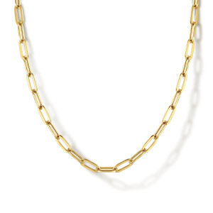 Gabriel & Co. NK6768H-17Y4JJJ 14 karat yellow gold Contemporary necklace, front view of the paperclip links in a close crop, each an open rounded rectangle