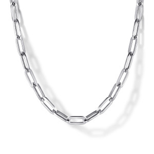 Gabriel & Co. NK6769-17SVJJJ sterling silver Contemporary necklace, front view of the flat polished paperclip links curving at the center