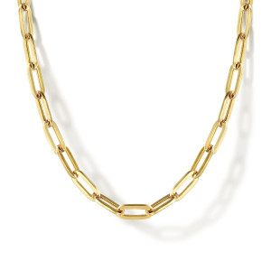 Gabriel & Co. NK6769H-17Y4JJJ 14 karat yellow gold Contemporary necklace, front view of the open paperclip links with their flat polished faces