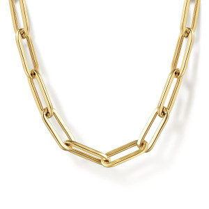 Gabriel & Co. NK6820H-17Y4JJJ 14 karat yellow gold Contemporary necklace, close detail of the open rounded rectangle paperclip links interlocking at the front
