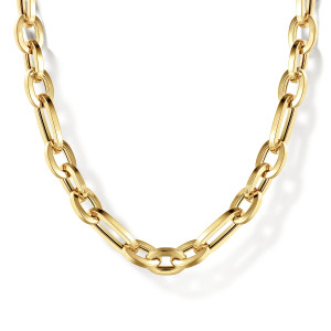 Gabriel & Co. NK6827-17Y4JJJ 14 karat yellow gold Contemporary necklace, front view of flat oval links in alternating rounded and stretched shapes