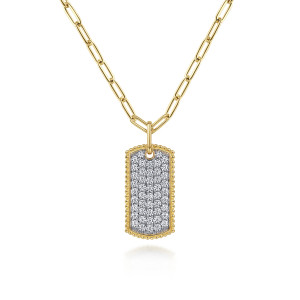 Gabriel & Co. NK6842-18Y45JJ 14 karat yellow gold Bujukan necklace, front view of the pave diamond plate with its polished metal bead border and bail